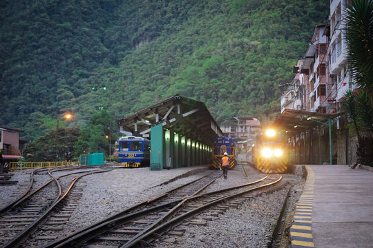Old blue railway train subway