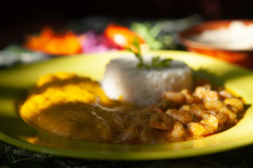 Shrimp stew with rice, pirão, salad and farofa. Typical dish of Bahian cuisine. Brazil