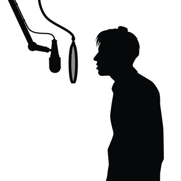 recommend clip art: Young man with microphone in studio silhouette vector, radio broadcaster, singer