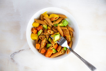 Red Papaya, avocado and mango with Basil paste lentil pasta