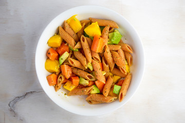 Red Papaya, avocado and mango with Basil paste lentil pasta