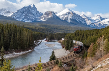 Train in a valley in Banff Canada 