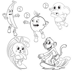 animal and fruit cartoon collection playing volleyball and surf for coloring book
