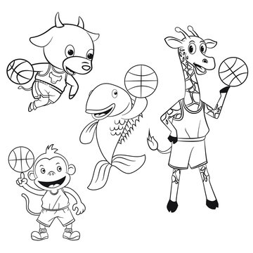 animal cartoon collection playing basketball for coloring book