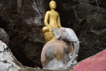 Small Golden Buddha Riding Elephant Statue, Laos