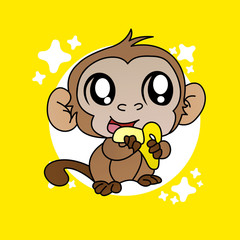 Cartoon Illustration of Monkey Eat Bananas, Cute Character, Flat Design