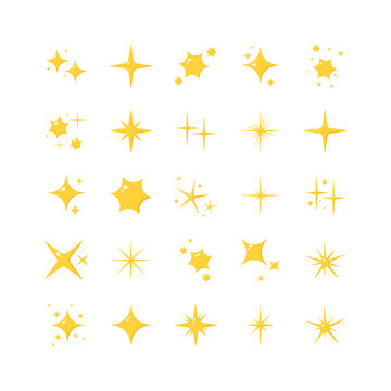 Set of yellow sparkles. Collection of twinkling star symbol isolated on white background. Cartoon style. Vector illustration.