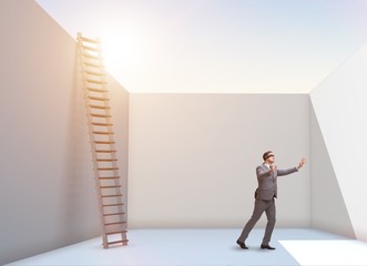 Businessman climbing a ladder to escape from problems