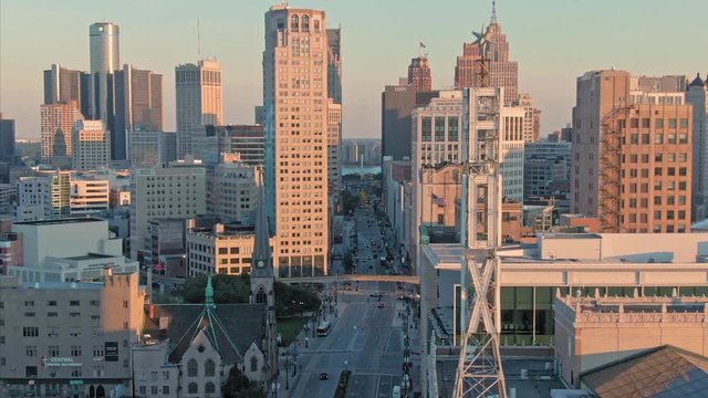 Aerial: Downtown Detroit buildings & Fox theater. Detroit, Michigan, USA. 19 September 2019