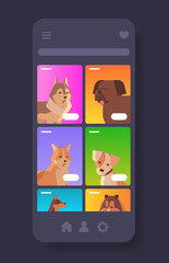 different dogs portraits furry human friends pets website or online shop cartoon animals smartphone screen mobile app copy space vertical vector illustration