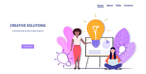 businesspeople presenting new business project on flip chart successful teamwork creative solutions big idea concept mix race women coworkers with light lamp horizontal copy space full length vector