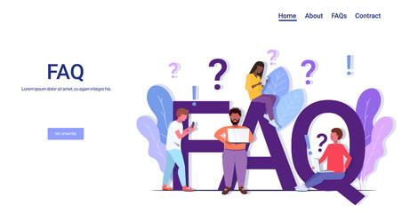 mix race people group with question exclamation marks using digital devices online support center frequently asked questions FAQ concept full length copy space horizontal vector illustration