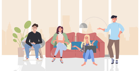 people discussing during meeting men women group using laptop communication relaxation concept modern living room interior horizontal full length vector illustration