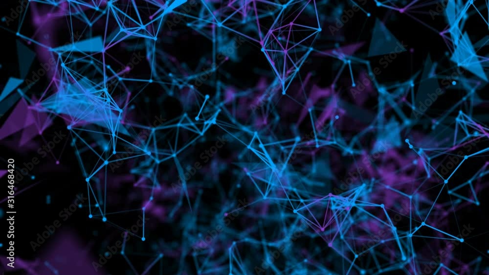 Poster blue and violet connecting particles fly slowly against a black background. abstraction. 3d render