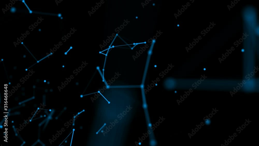 Poster blue connecting particles fly slowly on a black background. abstraction. 3d render