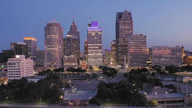 Aerial: Detroit city skyline at sunset. Detroit, Michigan, USA.