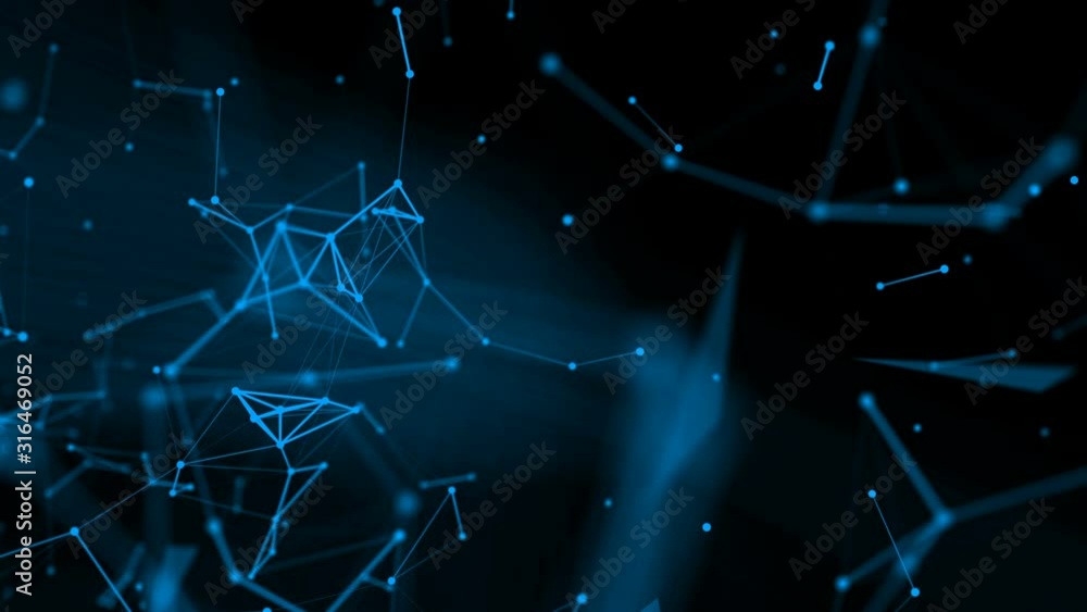 Poster blue connecting particles fly slowly on a black background. abstraction. 3d render