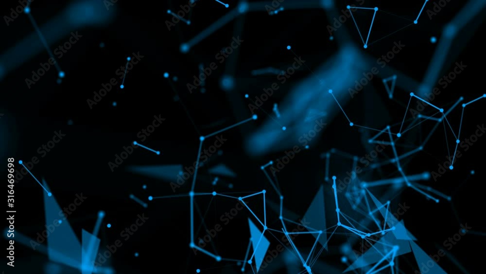 Poster blue connecting particles fly slowly on a black background. abstraction. 3d render