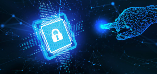 Cyber security data protection business technology privacy concept. Young businessman  select the icon security on the virtual display.