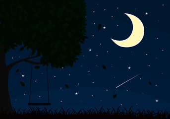 Beautiful night scenery with trees , star and moon shining, horizontal art designed for background wallpapers.