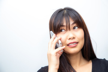 Business asian women use smartphone call on white background