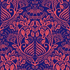 Hand-drawn and vectorized illustration of imaginary flowers and leaves. Trendy saturated hues of this pattern easily catch the eye. Pops of bright colours will draw attention to interior decor.