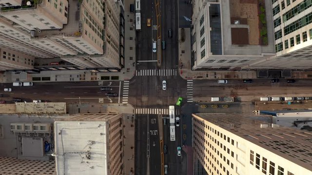 Aerial Flyover Busy Downtown Streets Of Chicago Sunny Morning