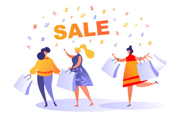 Fototapeta premium Three happy women with packages go shopping at a sale in a shopping center. Vector illustration, concept of shopping, sale, shopaholism, spending money. Seasonal sale with female flat trend characters