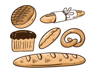 Bakery set. Bread, loaf, pie. Hand draw vector illustration. Cartoon style.