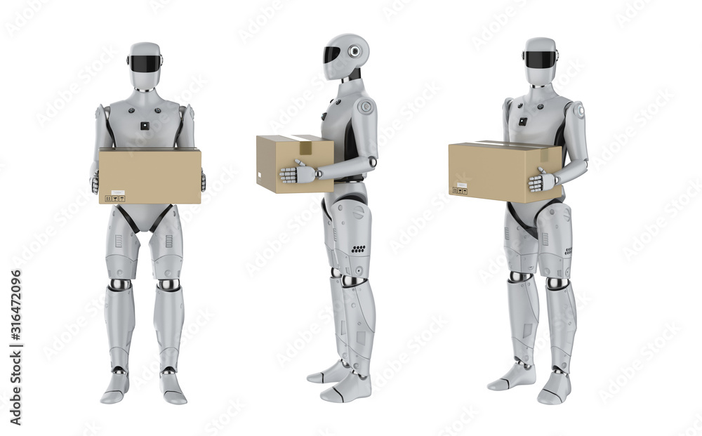 Poster set of artificial intelligence cyborgs or robots with box