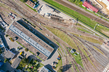 urban industrial district with railroad and railway tracks. aerial view