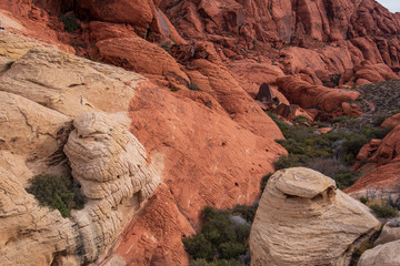 Landscape of tall white and red rock formations at Red Rock Canyon Conservation Area in Las Vegas, Nevada