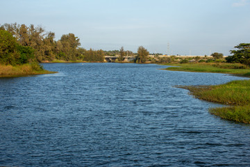 Kaveri river seen from the brindavan gardens bridge in KRS Dam, Mysore, Karnataka, India. Water from krishna raja sagara dam let into cauvery river.