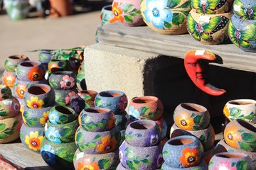Beautiful colorful Mexican pottery on display