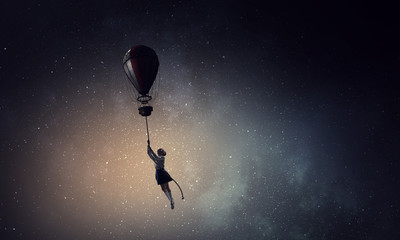 Girl fly in sky. Mixed media