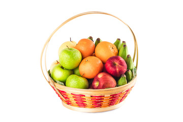orange, Chinese pear, banana, red apple and green apple in wicker basket on white background fruit health food isolated