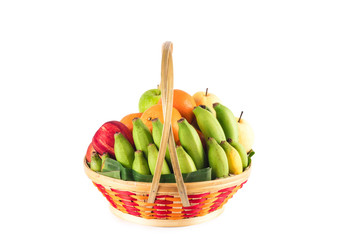 fresh orange, Chinese pear, banana, green apple and red apple in bamboo wicker basket on white background fruit health food isolated