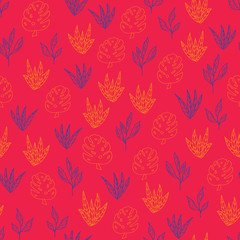 Fototapeta na wymiar Vector red tropical leaves seamless pattern background