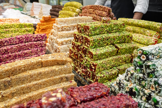 Assorted turkish delight sweets in the shop