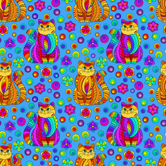 Seamless pattern with bright cats and flowers in stained glass style on a blue background