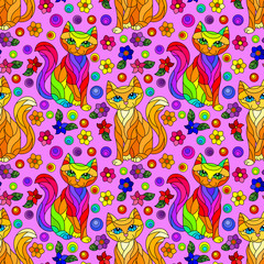 Seamless pattern with bright cats and flowers in stained glass style on a purple background