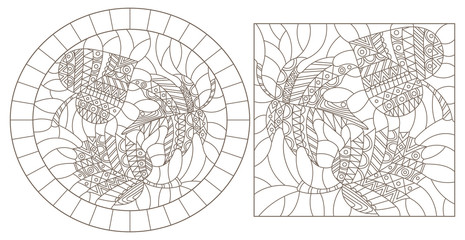 Set of outline illustrations of stained glass Windows with leaves, dark outlines on a white background