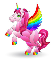 Illustration in stained glass style with a bright pink unicorn isolated on a white background
