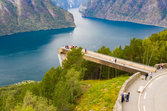 Aerial view of Stegastein Viewpoint.Experience the spectacular viewing platform, 650 meters above Aurlands fjord.
