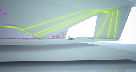 Abstract architectural white interior of a modern villa with neon lighting. 3D illustration and rendering.