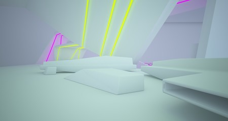 Abstract architectural white interior of a modern villa with neon lighting. 3D illustration and rendering.