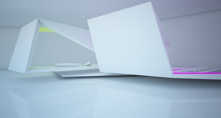Fototapeta premium Abstract architectural white interior of a modern villa with neon lighting. 3D illustration and rendering.
