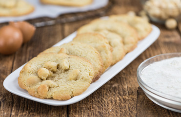 Macadamia Cookies (fresh) as detailed close-up shot, selective focus)
