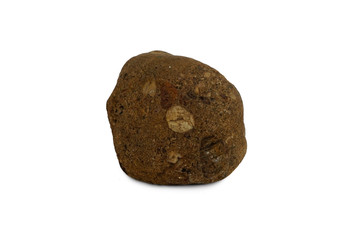 Conglomerate isolated on white background. Conglomerateis a sedimentary rock formed from rounded gravel and boulder sized clasts cemented together in a matrix.