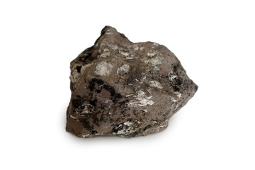 Mudstone on white background. Sedimentary rock is rock formed by deposition of mineral deposits from any rock formations on the Earth's surface. It was washed away by water, wind or glaciers. 